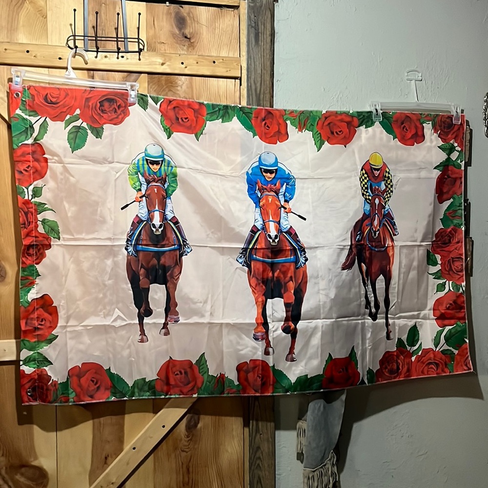 Horse Derby Rose silky banner 61”x 36 3/75 has metal  rings to hang